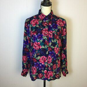 Vintage Alfred Dunner Button Up Shirt Sz 10 Womans Blue Pink Floral Long Sleeve